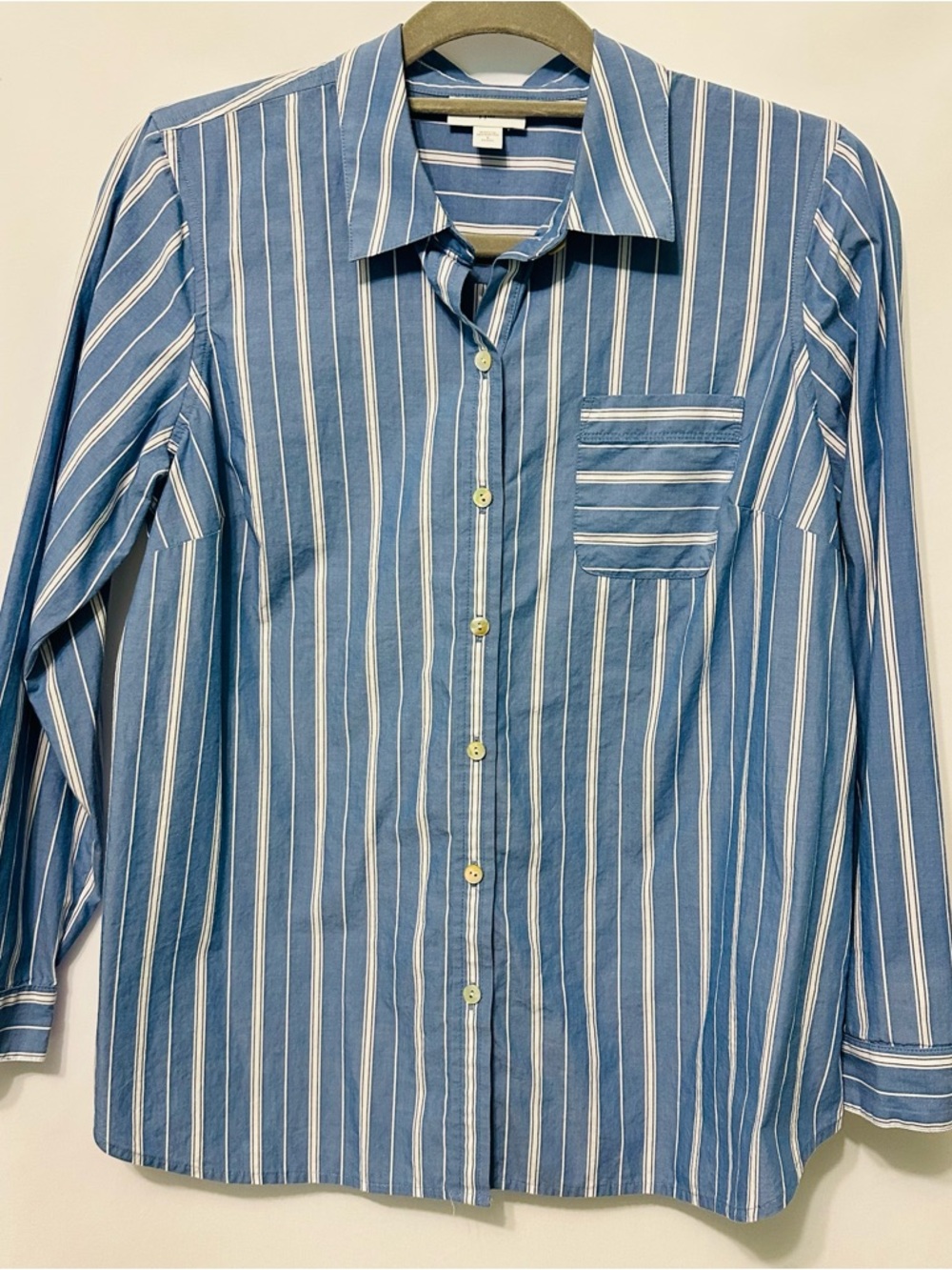 J Jill Blue White Stripe Button Up Blouse Womens Small Petite Long Sleeve